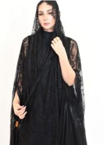 A luxurious abaya made of shimmering foil-finish chiffon, featuring black lace embellished with sparkling stones. - Image 3