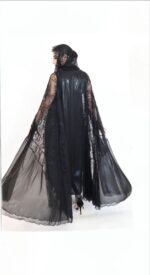 A luxurious abaya made of shimmering foil-finish chiffon, featuring black lace embellished with sparkling stones. - Image 2