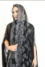 A luxurious abaya featuring premium silver and black lace combined with shimmering foil chiffon. - Image 4