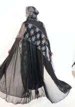 A luxurious abaya featuring premium silver and black lace combined with shimmering foil chiffon. - Image 2
